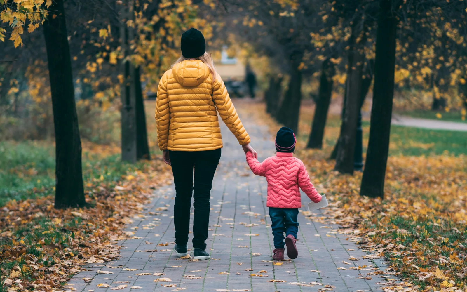 Mother and daughter holding hands on a tree-lined autumn path, viewed from behind